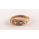 VICTORIAN 9ct GOLD RING, with five seed pearls, in graduated square settings, the sides and