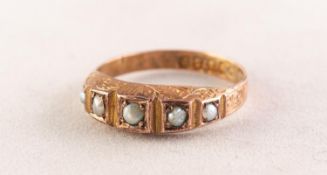 VICTORIAN 9ct GOLD RING, with five seed pearls, in graduated square settings, the sides and