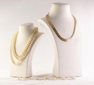 GOLD PLATED FRINGE PATTERN CHOKER NECKLACE; Trifari GOLD PLATED CHAIN NECKLACE with eleven spaced