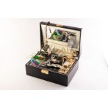 BLACK LEATHER JEWELLERY CASE with lift-out tray containing JEWELLERY including a silver foliate