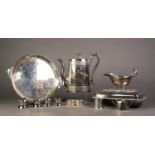 MIXED LOT OF ELECTROPLATE, comprising: GALLERIED SALVER, TWO HANDLED ROUNDED OBLONG ENTRÉE DISH