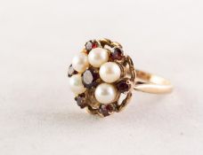 9ct GOLD, GARNET AND PEARL CIRCULAR CLUSTER RING, set with a small centre garnet surround of five