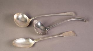 TWO ELECTROPLATED SOUP LADLE, one fiddle pattern and monogrammed, together with a FIDDLE PATTERN