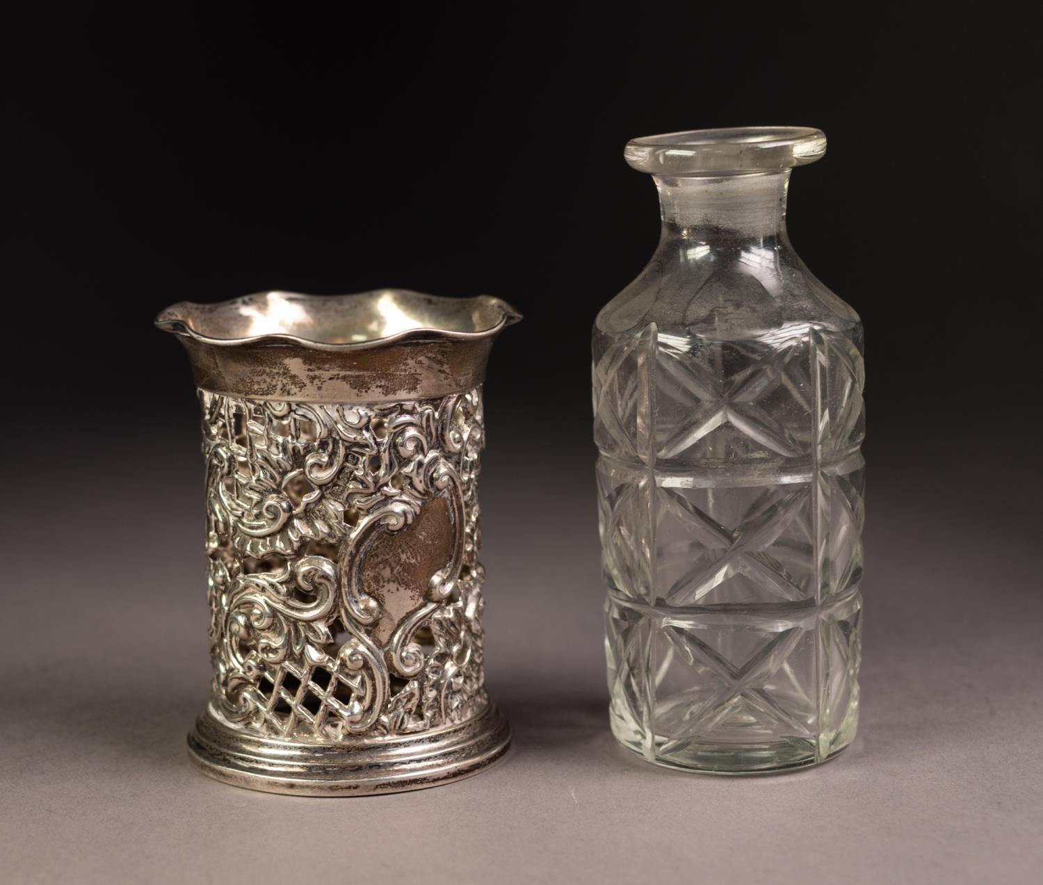 EDWARD VII PIERCED SILVER CYLINDRICAL BOTTLE HOLDER, with frilled rim and circular foot, 3 1/8? ( - Image 2 of 2