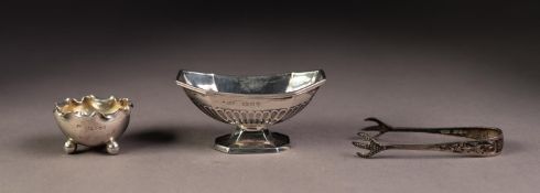 THREE SMALL PIECES OF VICTORIAN SILVER, comprising: CANTED OBLONG PEDESTAL OPEN SALT, part fluted,