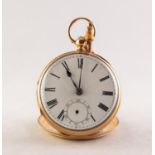 J. RIGBY & SON, VICTORIAN 18ct OPEN FACED POCKET WATCH with key wind movement, white Roman dial with