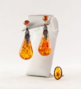 SMALL SILVER RING collet set with cabochon oval amber, ring size K/L and a PAIR OF TEAR SHAPED AMBER