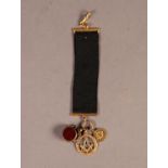 BLACK MOIRE POCKET WATCH FOB WITH 9ct GOLD END FITTINGS, swivel watch clip and ring clip