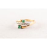18ct GOLD, EMERALD AND DIAMOND TRIPLE CROSSOVER RING, the top set with a row of seven tiny