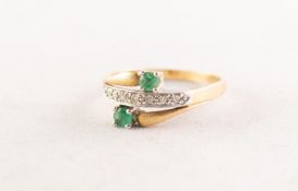 18ct GOLD, EMERALD AND DIAMOND TRIPLE CROSSOVER RING, the top set with a row of seven tiny