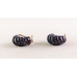 PAIR 14ct GOLD AND CARVED DARK BLUE AVENTURINE HALF-HOOP CLIP EARRINGS, the gold flecked stone