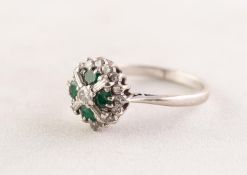 18ct WHITE GOLD, EMERALD AND DIAMOND CLUSTER RING set with a centre round brilliant cut diamond,