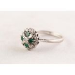 18ct WHITE GOLD, EMERALD AND DIAMOND CLUSTER RING set with a centre round brilliant cut diamond,