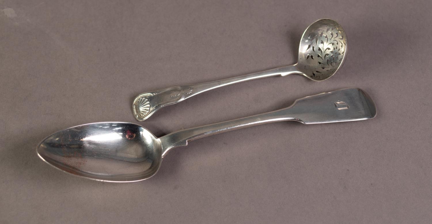 TWO PIECES OF NINETEENTH CENTURY SCOTTISH SILVER CUTLERY, comprising: FIDDLE PATTERN TABLE SPOON,