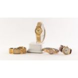 A 9ct GOLD CASED ARISTO LADY'S WRIST WATCH, on gilt metal expanding bracelet, and THREE OTHER
