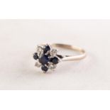 18ct WHITE GOLD, DIAMOND AND SAPPHIRE DAISY CLUSTER RING, set with a small circular centre