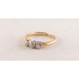 18ct GOLD RING, claw set with a row of three good, old cut round diamonds, each approximately 0.