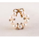 9ct GOLD, DIAMOND AND PEARL CIRCLET BROOCH, with gold bow pattern top, circle of nine cultured