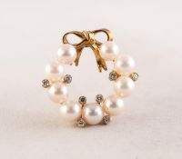 9ct GOLD, DIAMOND AND PEARL CIRCLET BROOCH, with gold bow pattern top, circle of nine cultured