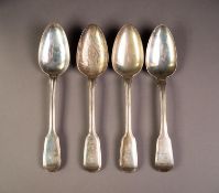 MATCHED SET OF FOUR GEORGE III AND LATER THREAD AND FIDDLE PATTERN SILVER TABLE SPOONS, crested,