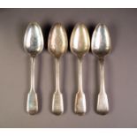 MATCHED SET OF FOUR GEORGE III AND LATER THREAD AND FIDDLE PATTERN SILVER TABLE SPOONS, crested,