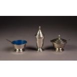 GEORGE V ART DECO THREE PIECE SILVER CONDIMENT SET, of circular form with stepped bases and blue