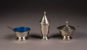 GEORGE V ART DECO THREE PIECE SILVER CONDIMENT SET, of circular form with stepped bases and blue