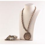 VICTORIAN CROWN COIN, 1893, LOOSE MOUNTED AS A PENDANT, on a heavy metal chain link necklace,