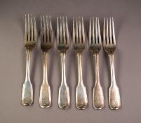 SET OF SIX VICTORIAN THREAD AND FIDDLE PATTERN SILVER TABLE FORKS, crested to the backs, 8? (20.3cm)