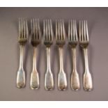 SET OF SIX VICTORIAN THREAD AND FIDDLE PATTERN SILVER TABLE FORKS, crested to the backs, 8? (20.3cm)