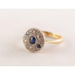 18ct GOLD AND PLATINUM RING, the circular top pave set with three sapphires and four small diamonds,