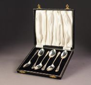 CASED SET OF SIX SILVER TEASPOONS, with fancy scroll tops, Birmingham 1954, 2oz