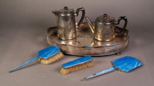 MODERN OVAL GALLERIED ELECTROPLATED TEA TRAY BY BARKER ELLIS, with scroll chased centre, pierced