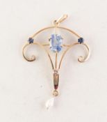 EDWARDIAN 15ct GOLD ART NOUVEAU OPENWORK PENDANT with ram's horn shaped top and V shaped body, set