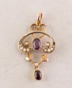 EDWARDIAN 9ct GOLD ART NOUVEAU C SCROLL AND FOLIATE OPEN WORK PENDANT with two collet set oval