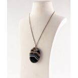 LARGE OVAL SILVER FRAMED BANDED AGATE PENDANT, 2in (5cm) on silver FINE CHAIN NECKLACE