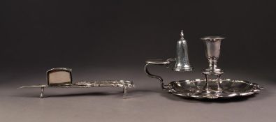 ELECTROPLATED CHAMBER STICK, Rococo scroll outline and conical snuffer to the handle, together