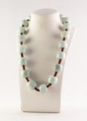 ORIENTAL CORD NECKLACE with twenty grey/green jade large barrel shaded beads