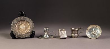 FIVE SMALL PIECES, comprising: CHAMBER STICK, SHALLOW DISH WITH EMBOSSED FLORAL CENTRE, THISTLE