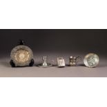 FIVE SMALL PIECES, comprising: CHAMBER STICK, SHALLOW DISH WITH EMBOSSED FLORAL CENTRE, THISTLE