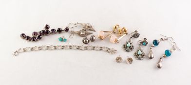 EIGHT PAIRS OF MAINLY STONE SET VINTAGE EARRINGS AND  A STERLING SILVER BRACELET with heart shaped