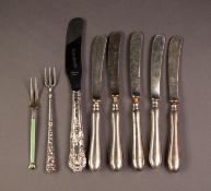 BUTTER KNIFE WITH FILLED SILVER QUEENS PATTERN HANDLE, together with a SET OF FIVE AFTERNOON TEA