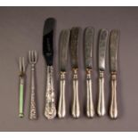 BUTTER KNIFE WITH FILLED SILVER QUEENS PATTERN HANDLE, together with a SET OF FIVE AFTERNOON TEA