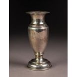 GEORGE V PLAIN SILVER BUD VASE, of ovoid form with waisted neck and weighted, circular base, 4? (