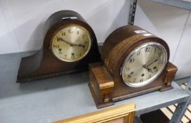 AN ART DECO OAK CASED MANTEL CLOCK AND AN OAK NAPOLEONS HAT SHAPED MANTEL CLOCK (2)