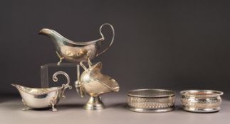 FIVE PIECES OF ELECTROPLATE, comprising: TWO SAUCE BOATS, SUGAR SCUTTLE WITH SHOVEL and TWO WINE