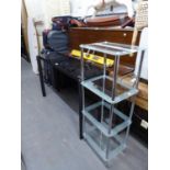 GLASS TOPPED SIDE/OCCASIONAL TABLE, (26cm deep, 76cm high x 120cm wide) HAVING BLACK LEGS AND TINTED