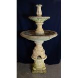 A HADDONSTONE FIVE SECTION TWO TIER GARDEN FOUNTAIN, THE LOWER BOWL APPROX 90cm DIAMETER , UPPER