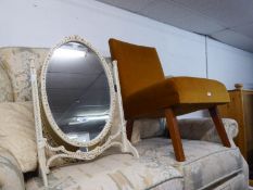 A WHITE AND GILT FRAMED CHEVAL TOILET MIRROR, A SIMILAR FRAMED OVAL MIRROR AND AN ARMLESS BEDROOM