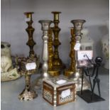 TWO PAIRS OF BRASS CANDLESTICKS, A PAIR OF PEWTER CANDLESTICKS, A CANDLE LANTERN AND A SMALL